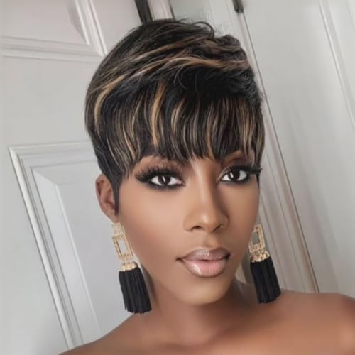 Short Pixie Cut Wig for Black Women Human Hair 1B30 Colored Short Layered Pixie Wigs With Bangs for Women Brazilian Virgin Straight Human Hair Glueless Wig (1b/30)