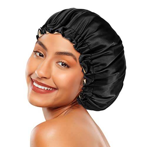 Silk Satin Bonnet for Sleeping Women - Hair Bonnet for Curly Frizzy Hair Care, Adjustable Sleep Cap, Double Layer Head Hair Wrap, Black