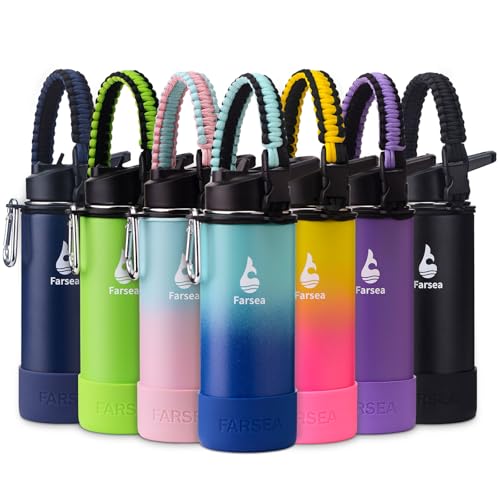 Farsea Insulated Water Bottle With Paracord Handle, Protective Boot and 2 Lids (Straw Lid & Spout Lid), Stainless Steel Water Bottle Wide Mouth, Double Wall Sweat-Proof BPA-Free, 18 oz
