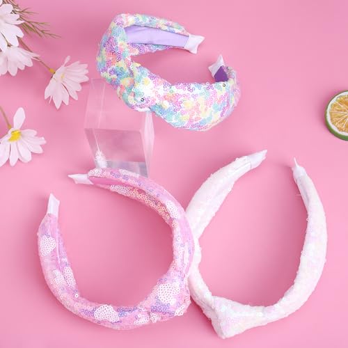 Fishown Sequin Headbands for Girls, 3 Pack Knotted Headband for Girls, Sparkly Girl Hair Bands Glitter Hair Accessories for Girl