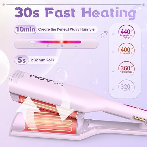 NOVUS Curling Iron Hair Crimper Waver - 1.25 Inch Anti-Scald Rovy Waves Curling Wand, Ionic Deep Waver Hair Curler Tool with Ceramic 2 Barrel for All Hair Types, Auto Shutdown Protection