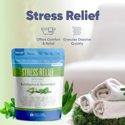 Stress Relief Bath Salt 32 Ounces (2 Lbs) USP Grade Epsom Salt with Natural Spearmint and Eucalyptus Essential Oils Plus Vitamin C in BPA Free Pouch with Easy Press Lock Seal Made in USA