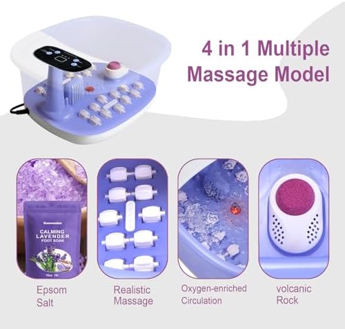 Foot Spa Massager with Heat, Bubbles & Vibration, 22 Rollers, Red Light, Adjustable Temp - Includes Lavender Epsom Salt - Purple