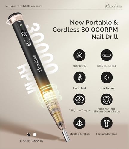 MelodySusie Portable Electric Nail Drill 30,000RPM, SM220G Cordless Rechargeable Electric Nail File, Professional Efile Manicure Pedicure Polishing Tool with Bits Sanding Bands Kit, Black