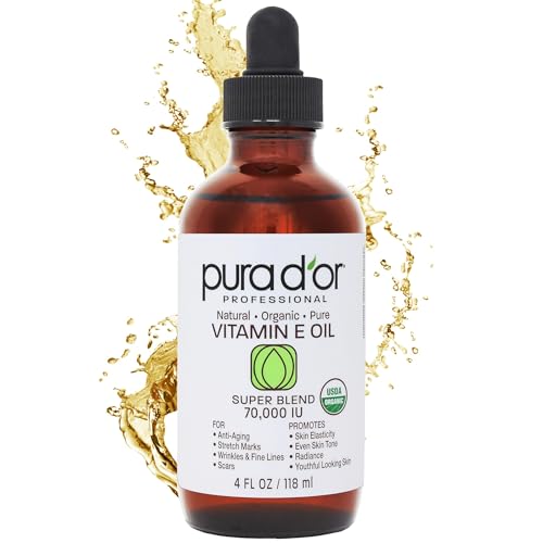 PURA D'OR 4 Oz Vitamin E Oil Blend 70,000 IU & Rosehip Seed Oil Hair Relaxer 100% Pure Cold Pressed USDA Certified All Natural Moisturizer For Anti-Aging, Acne Scar Treatment, Gua Sha Massage
