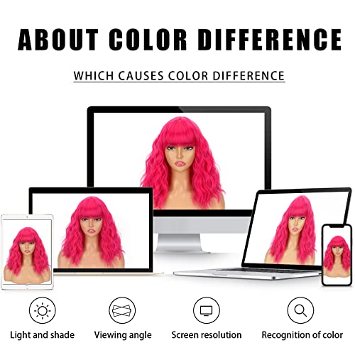 Short Pink Wigs for Women Short Wavy Hot Pink Wigs with Bangs Synthetic Curly Bob Wig Curly Shoulder Length Cosplay Wig for Women Girls