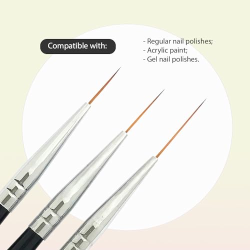 Striping Nail Art Brushes for Long Lines, Details, Fine Designs. 3 pcs Striper Brushes with Caps - AMAZING TRIO
