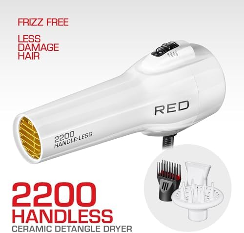 Red by KISS HandleLess Blow Dryer 2200W Ceramic Tourmaline White Color, 3 Heat Settings, Pik and Diffuser Included Comfortable Grip, Ionic for Frizz-Free Shine, Detangler & Straightening