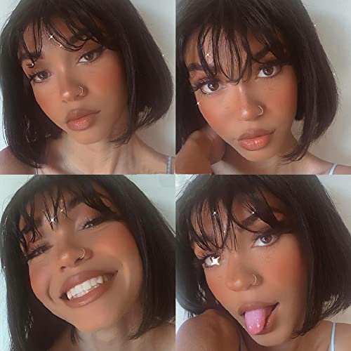 Rebasar Short Bob Wigs Human Hair 8 Inch Glueless Wear and Go Bob Wig With Bangs Human Hair Wigs for Black Women Brazilian Straight Hair No Lace Front Natural Black Wig