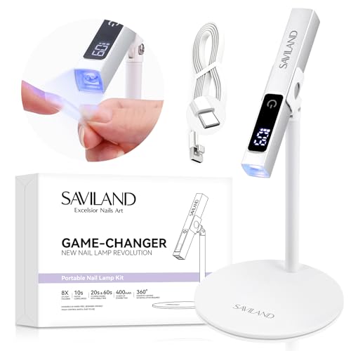 SAVILAND LED U V Light with Magnetic Stand & LCD Screen Portable Nail Lamp Kit Handsfree 2-Timer Modes Portable Mini Nail Dryer Stand for Gel Nails USB Rechargeable and Cordless for Home DIY Manicure