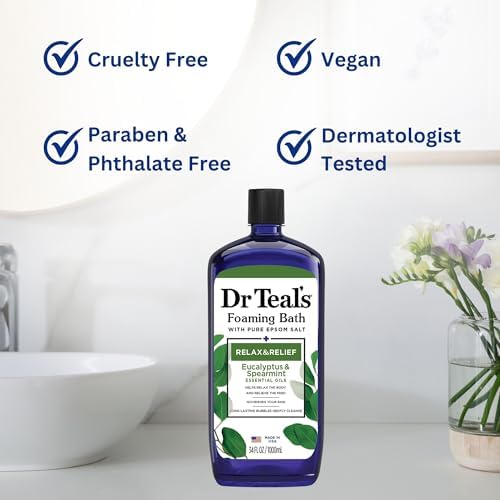 Dr. Teal's Eucalyptus and Spearmint Foaming Bath 34oz Bottles (Pack of 2) with Variety Junction Premium Bath Sponge - Relax and Relief, Bubble Bath, Relaxing, Men's and Women's, Clear