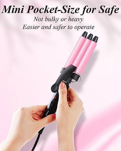 Mini Hair Crimper 1/2 Inch, Small 3 Barrel Curling Iron Hair Waver Dual Voltage for Home and Travel, Triple Ceramic Tiny Barrels Create Natural Tight Beachy Waves, Pink