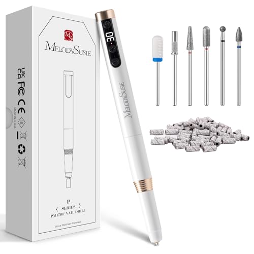 MelodySusie Portable Electric Nail Drill, Cordless 30000RPM Nail EFile with Drill Bits & Ultra Fine Sanding Bands for Manicure Pedicure, Professional Nail File Tool for Women, PM170F White