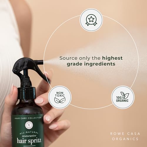Rowe Casa Organics Natural Restorative Hair Spritz with Witch Hazel & Therapeutic Essential Oils, Hand-Crafted Hair Volumizer, Thickener, & Growth Booster, 8 Fl. Oz.
