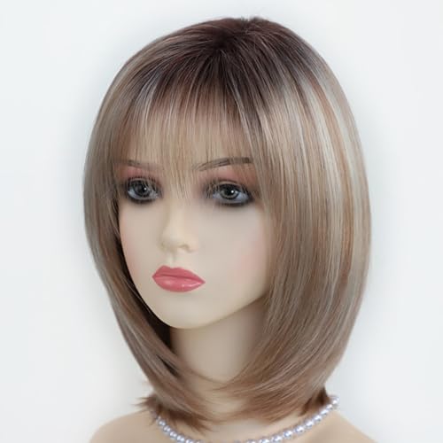 RENERSHOW Layered Blonde Bob Wigs for White Women with Bangs Straight Short Hair Wig Synthetic Ombre Blonde Highlight Bobo Haircuts Natural Daily Party Wig