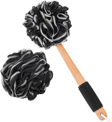 Loofah with Long Handle - Extra Large Soft PE Bath Sponge, Superior Mesh Body Scrubber for Shower with Hanging Rope - Exfoliating Back Scrubber for Shower, Suitable for Men & Women (Black)