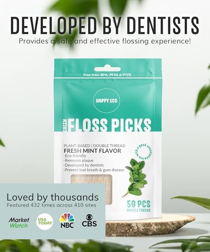 Floss Picks Biodegradable (200pcs) - Plant Based Dental Floss Picks, Natural Flossers for Adults & Kids, Nontoxic Vegan Tooth Pick Flossers & Floss Sticks - Double Thread Mint