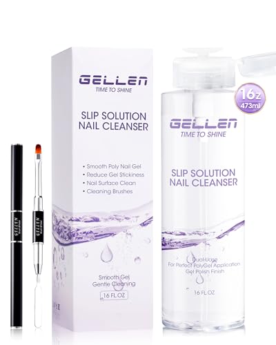 Gellen 473ml/16oz Slip Solution for Polygel Nails with Nail Brush, Pump Bottle Design Polygel Solution, Anti-stick Liquid for Poly Extension Gel & Nail Cleanser in a Bottle, Home Salon Cleaning Liquid