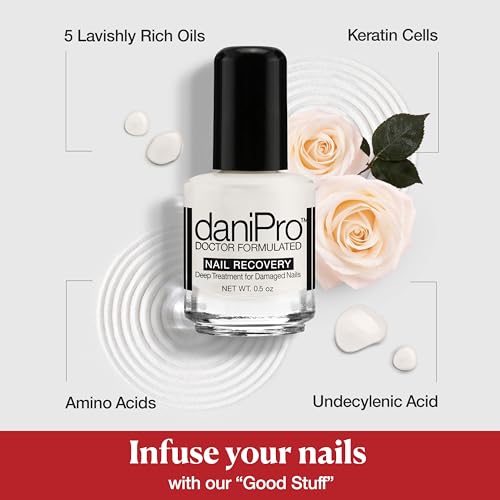 daniPro Doctor-Formulated Nail Recovery, 0.5 oz - Nail Strengthener Base Coat with Undecylenic Acid, Biotin & Vitamins - Nearly Invisible Satin Finish Base Coat - Nail Hardener For Damaged Nails