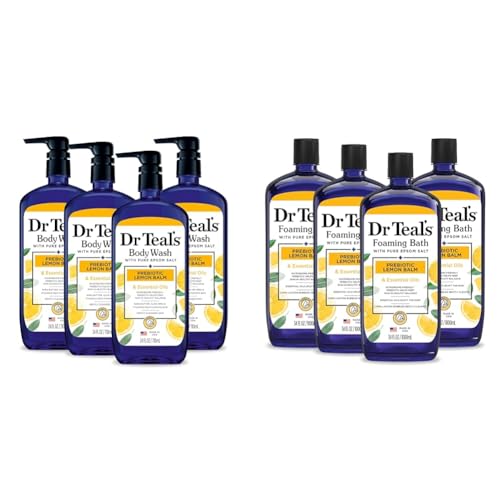 Dr Teal's Body Wash with Pure Epsom Salt, with Prebiotic Lemon Balm & Sage, 24 fl oz (Pack of 4) (Packaging May Vary) & Foaming Bath with Pure Epsom Salt, Prebiotic Lemon Balm & Essential Oils