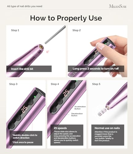 MelodySusie Cordless Electric Nail Drill, Portable Cordless Rechargeable Nail File Kit for Acrylic & Gel Nails, 25000RPM Professional Efile Set for Manicure Pedicure Polishing, PC180F Purple
