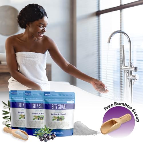 Sitz Bath Salt (3 Pack with Bamboo Scoop) Hemorrhoid Soothing Sitz Soak USP Grade Epsom Salt 3 Pouches 6 Lbs Total with Pure Essential Oils in BPA Free Pouch with Easy Press Seal Made in USA