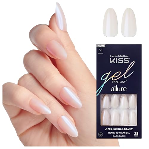 KISS Gel Fantasy Allure Press On Nails Almond Shape, 'Space', Pink, Medium Length, Ready to Wear, Pink Glue (2g), Cuticle Stick, & Mini File, 28 Count