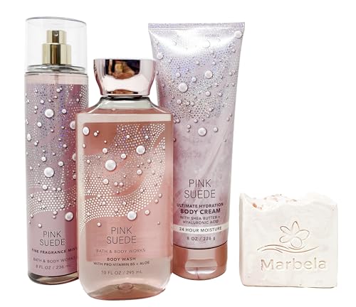 Bath & Body Works Pink Suede - Trio Gift Set - Fine Fragrance Mist, Body Cream and Body Wash With a Himalayan Salts Springs Soap.