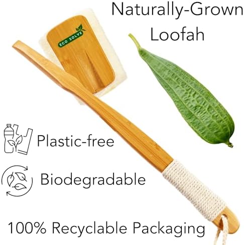 Natural Loofah Shower Scrubber w/Removable Bamboo Handle, Gentle Exfoliation, Long-Ergonomic Handle w/Hemp Rope Grip, Extra Loofah Included for Close Washing, Plastic-Free, Eco-Friendly