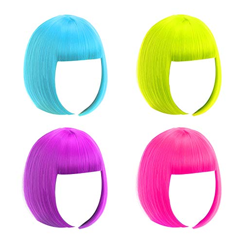 Short Bob Wig, 4 Pieces Colorful Wigs, 12" Cosplay Wigs with Flat Bangs, Neon Colored Wig for Women Party Favors Bachelorette Party Night Club with Extra Wig Cap