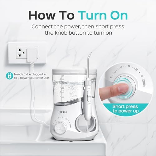 COSLUS Professional Water Flosser for Teeth: 12 Pressure Settings Electric Dental Pick for Tooth Cleaning, Sensitive Gums, Braces, Oral Care - Home Use, 4 Jet Tips for Multiple Users, Family, White