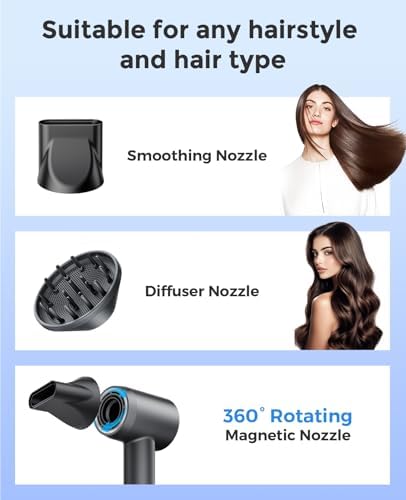 Hair Dryer, Negative Ionic Blow Dryer with 160000 RPM Professional High-Speed Blow Dryer, Brushless Motor for Fast Drying, Low Noise Thermo-Control Hairdryer with Magnetic Nozzle (Black)