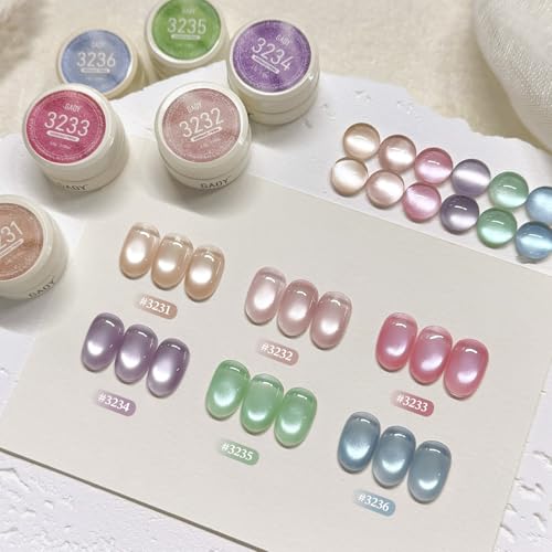 GAOY Sheer Silk Cat Eye Gel Nail Polish Set, 6 Colors Jelly Pink Blue Green Holographic with Magnet, for Salon Manicure & Nail Art DIY at Home, Mermaid Prism