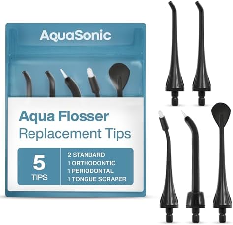 AquaSonic Aqua Flosser Replacement Tips - 5 Tips, 4 Types: Standard, Periodontal, Orthodontic & Tongue Scraper - Genuine, Authentic Parts (Black)