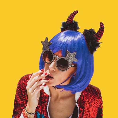 Wig and Sunglasses 12 Inch Short Bob Wigs with Bangs for Women Costume Cosplay Party (Blue)