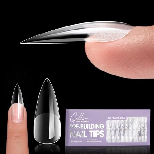 Gellen Long Almond Tipex Nail Tips, 320pcs Instant Apex Nail Tips, 16 Sizes Pre-builder Gel Tips Long Stiletto Almond Strong Full Cover False Nail Tips Gel Extension Tips for Flat Nails