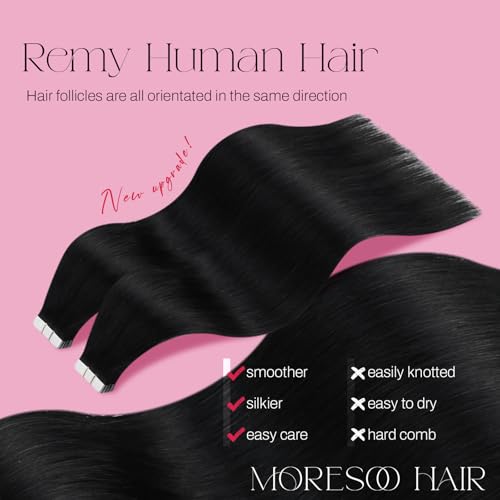 Moresoo Black Tape in Hair Extensions Human Hair Invisible PU Tape in Extensions Straight Glue in Extensions Remy Human Hair Extensions Glue in Straight Hair 18 Inch #1 20pcs 50g