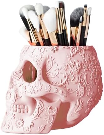 Skull Makeup Brush Holder, Pen Holder, Vanity, Desk, Office Organizer, Stationary, Decor Planter, Candy Bowl, Goth Decorations, Extra Large, Skulls Gothic Skull & Bones Organizer Bathroom (Cloud Pink)