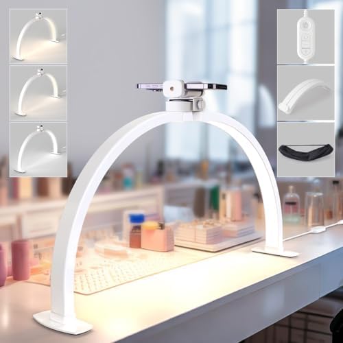 Lavinda Foldable Half Moon Nail Table Lamp with Phone Stand – 29in LED Arch Light for DIY, Eyelash, Tattoo, Facial – Adjustable 3000K-6000K – Plug-in White Design