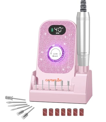 Portable Electric Nail Drill File: 40000RPM Professional Nail Drill with Bits & Base, Pink Diamond Rechargeable Nail E File Machine for Remover Gel Nail Polish Acrylic Nails Manicure for Salon Home