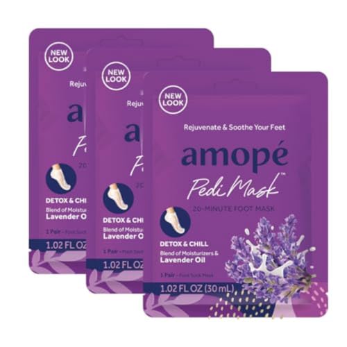 Amopé PediMask 20-Minute Foot Mask, Intensely Moisturizing Socks, Rejuvenates & Soothes, Self-Care, w/ Lavender Oil, Urea, a Blend of Moisturizers & Vitamin Complex for Long Lasting Hydration, 3 pair