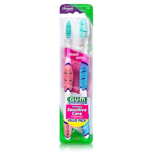 GUM Technique Sensitive Care Toothbrush with Quad-Grip Handle, Full Head & Ultra Soft Bristles for Plaque Removal That’s Gentle on Gums, 2ct(6Pk)