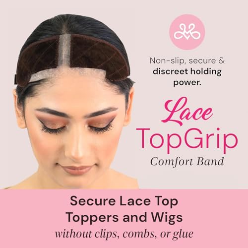 MILANO COLLECTION LaceTop Grip Comfort Band for Toppers Hair & Wiglets, NonSlip, Glueless Velvet Wig Band for Large Base Hairpieces, Adjustable Top Grip for Hair Topper & Wigs, Brown, Large