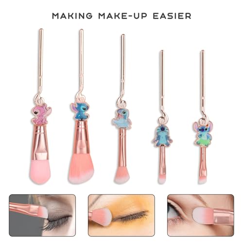 Stich Makeup Brushes Set 5Pcs Anime Cartoon Make Up Brush Set with Storage Bag Stuff for Powder Concealers Eye Shadows