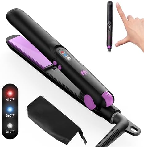 Mini Ceramic Flat Iron 0.7 Inch, Hair Straightener for Short Hair, Curls, Bangs - Adjustable Temperature, Portable Dual Voltage with Travel Pouch for Women, Men