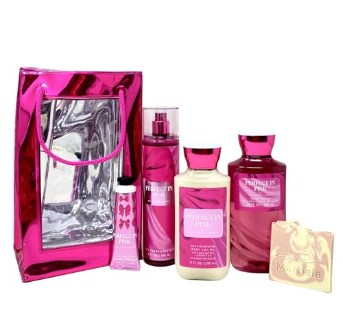 Bath & Body Works Perfect In Pink Deluxe Gift Bag Set - Fragrance Mist - Body Wash - Body Lotion and Hand Cream - with a Himalayan Salts Springs Sample Soap