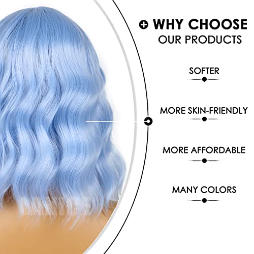 Light blue Short Bob Wigs with Bangs for Women Loose Wavy Hair Shoulder Length Wigs Synthetic Colorful Wigs for Cosplay Daily PartyUse(Light blue，12inch)