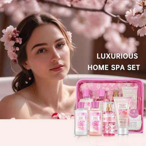 Bath and Body Gift Set for Women & Girls, Japanese Cherry Blossom, 4PCS Set for-Shower Gel, Body Lotion, Body Mist, Exfoliating Scrub, Body Care Travel Set for Birthday Mother's Day Gifts