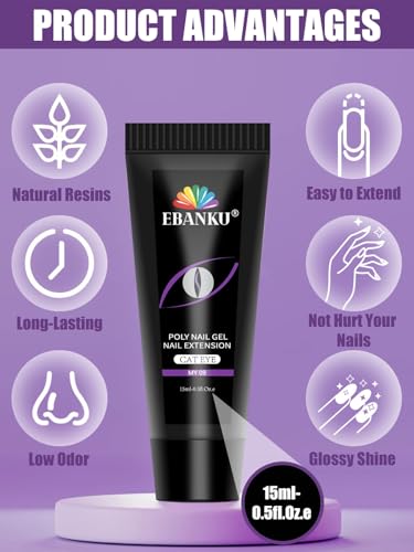 Poly Gel Nail Colors Kit EBANKU Poly Nails Extension Gel Cat Eye Glitter 6 Colors Nail Builder Gel Professional Nail Enhancement Kit for Women Popular Nail Art DIY Salon at Home