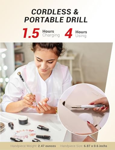 MelodySusie Portable Nail Drill,Professional 30000 RPM Cordless Electric Nail File for Acrylic Gel Nails,SM220E Rechargeable E-file Set Manicure Pedicure Tool with Nail Drill Ceramic Bit,Sanding Bands